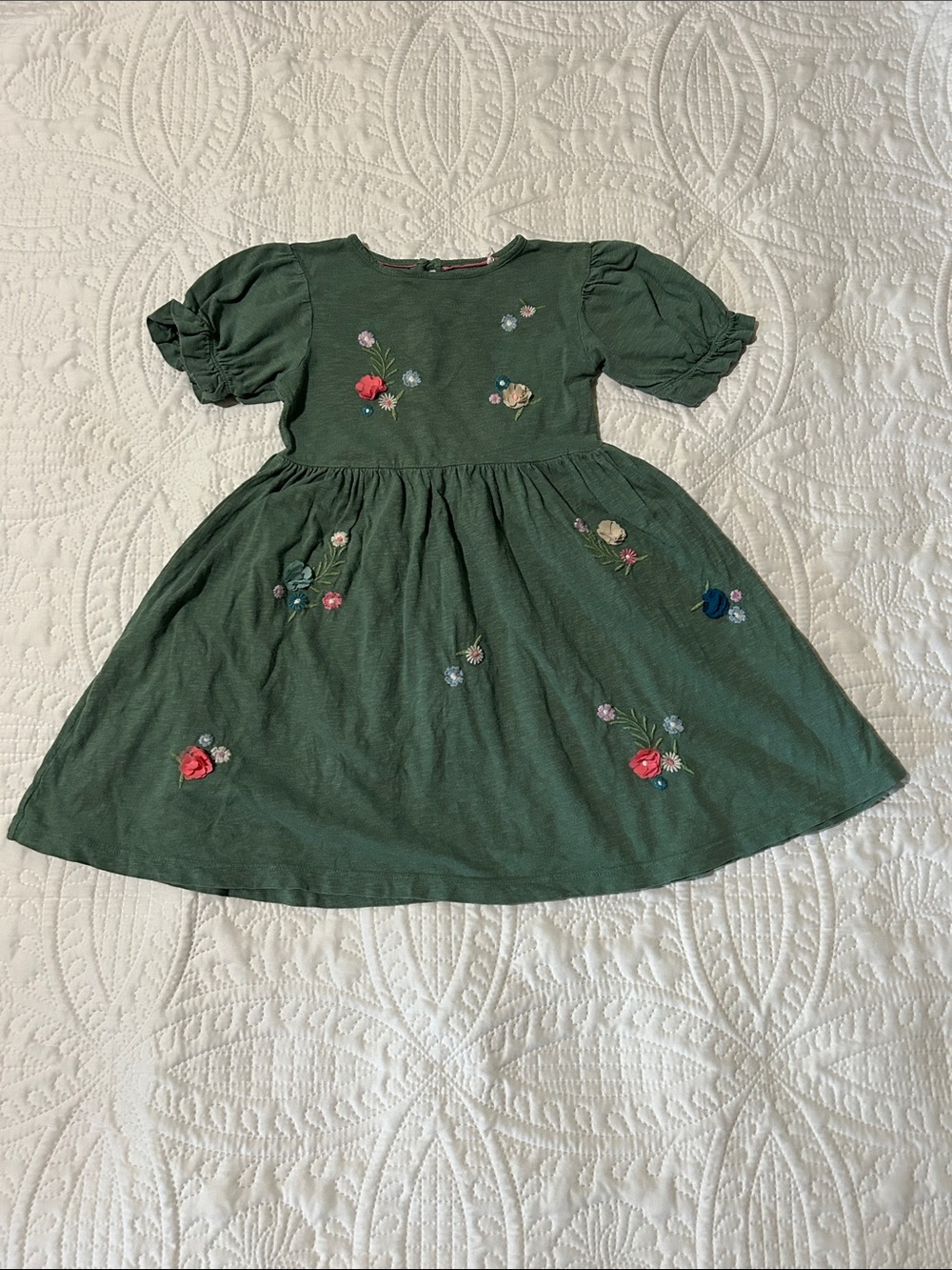 Mini Boden Girls Green Floral Embroidered Puff-Sleeve Dress Sz: 5-6Y